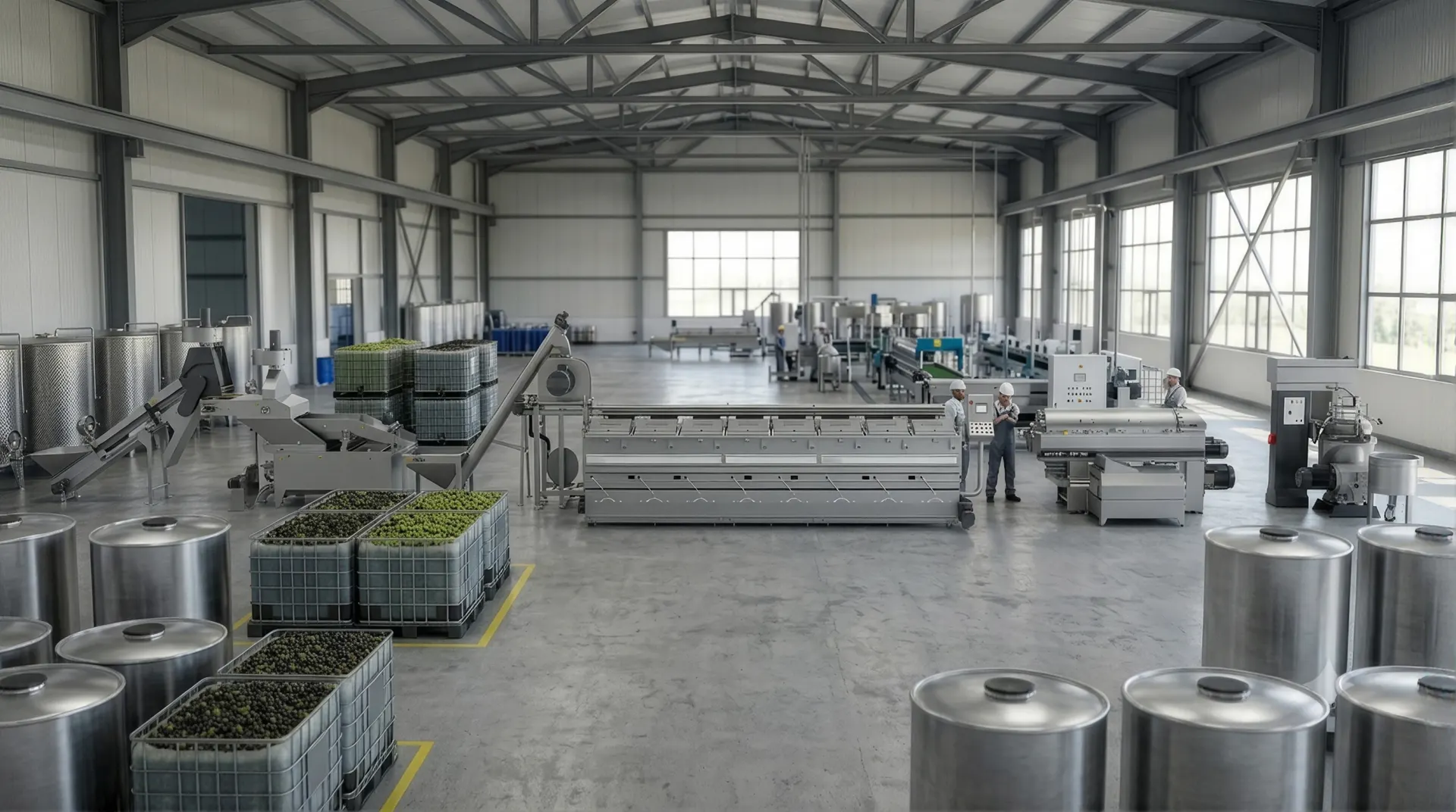 Zeytin işleme tesisinin içi: kasalarda zeytin, paslanmaz makineler ve tanklar